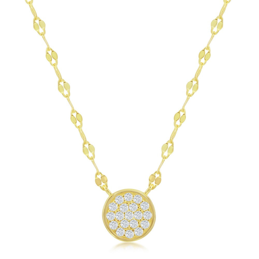 Sterling Silver Circle Pave CZ Mirror Chain Choker Necklace - Gold Plated