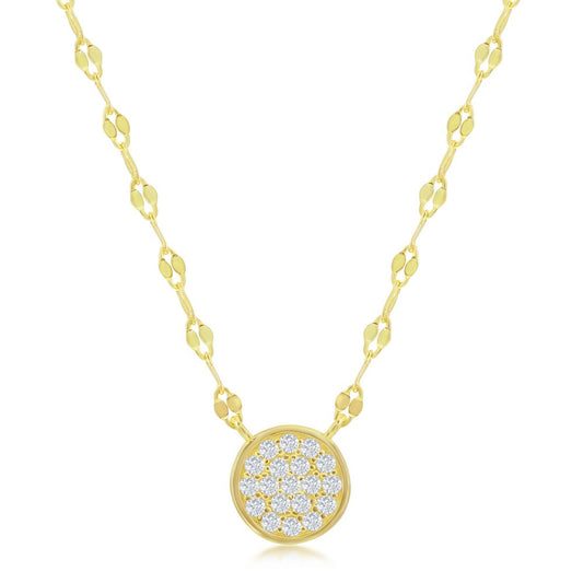 Sterling Silver Circle Pave CZ Mirror Chain Choker Necklace - Gold Plated