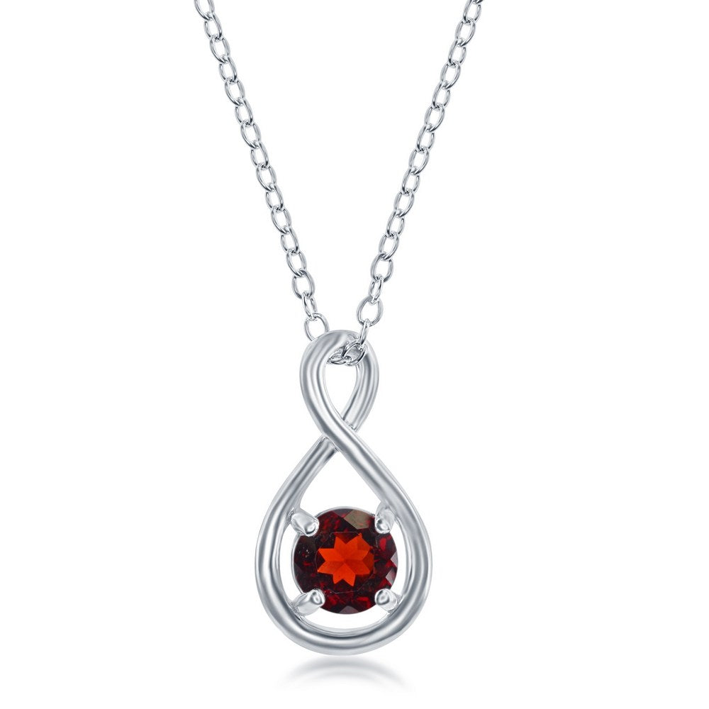 Sterling Silver Round 5mm Gem Infinity Design Necklace - Garnet