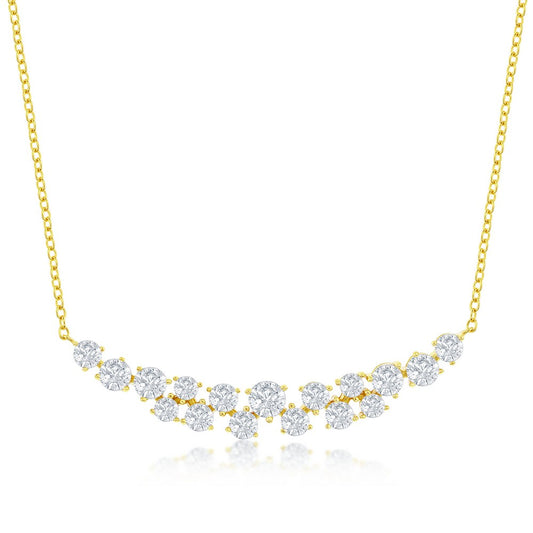 Sterling Silver Round CZ Curved Bar Necklace - Gold Plated