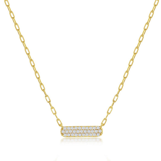 Sterling Silver Small CZ Bar Necklace - Gold Plated