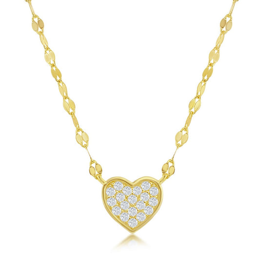 Sterling Silver Heart CZ Mirror Chain Choker Necklace - Gold Plated