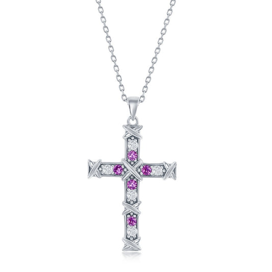 Sterling Silver CZ Cross Necklace - Pink Topaz CZ