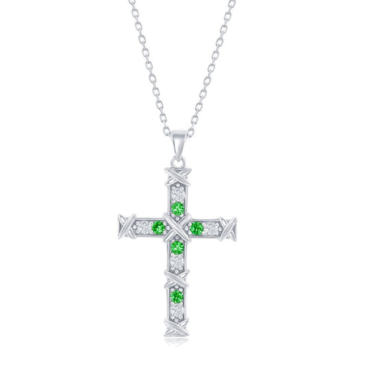 Sterling Silver CZ Cross Necklace - Emerald CZ