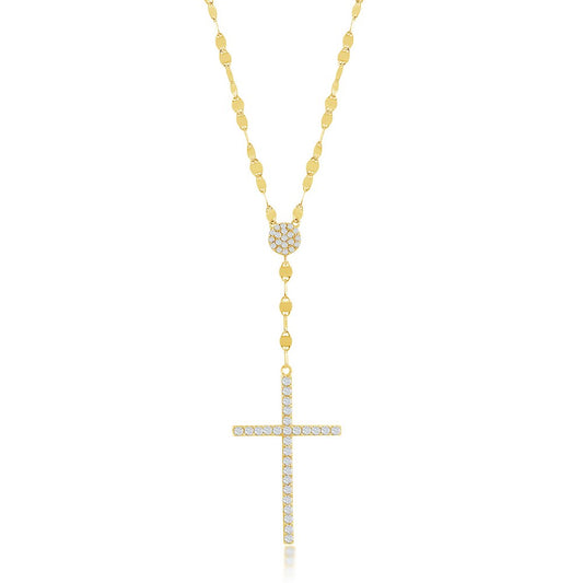 Sterling Silver CZ Cross Mirror Chain Necklace - Gold Plated