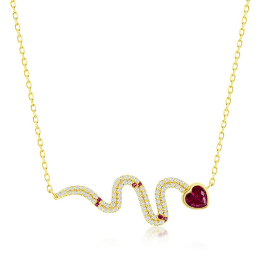 Sterling Silver White & Ruby CZ Snake Necklace - Gold Plated