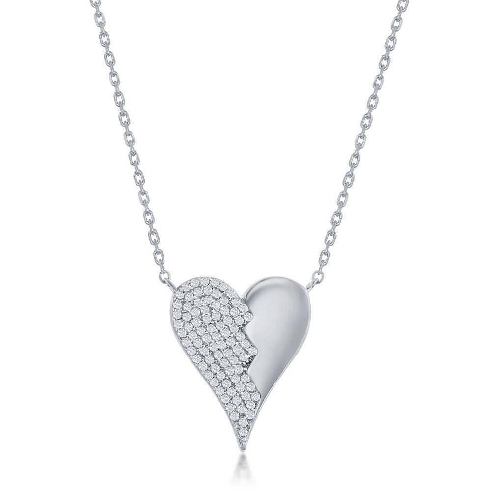 Sterling Silver Broken Heart Half CZ Necklace