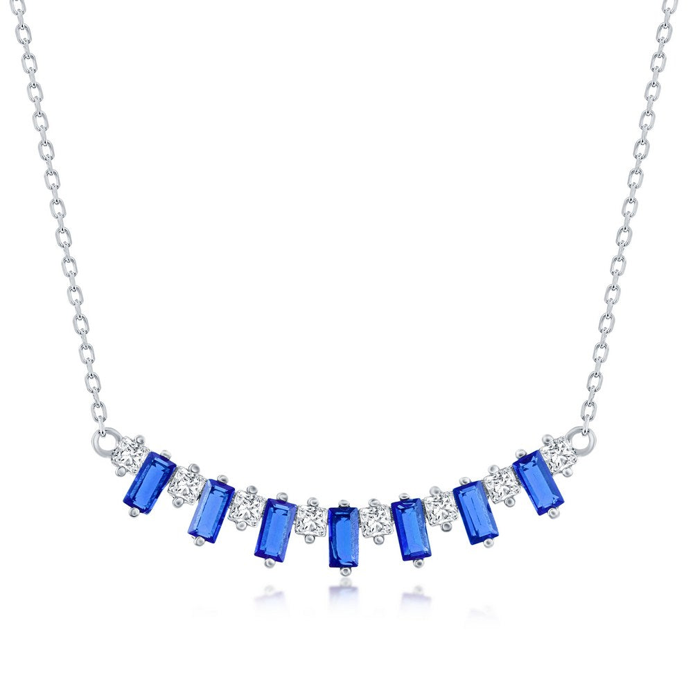 Sterling Silver Baguette CZ Bar Necklace - Sapphire