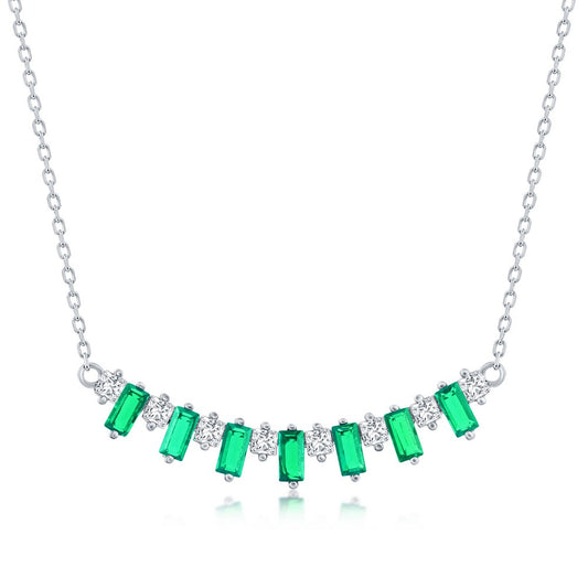 Sterling Silver Baguette CZ Bar Necklace - Emerald