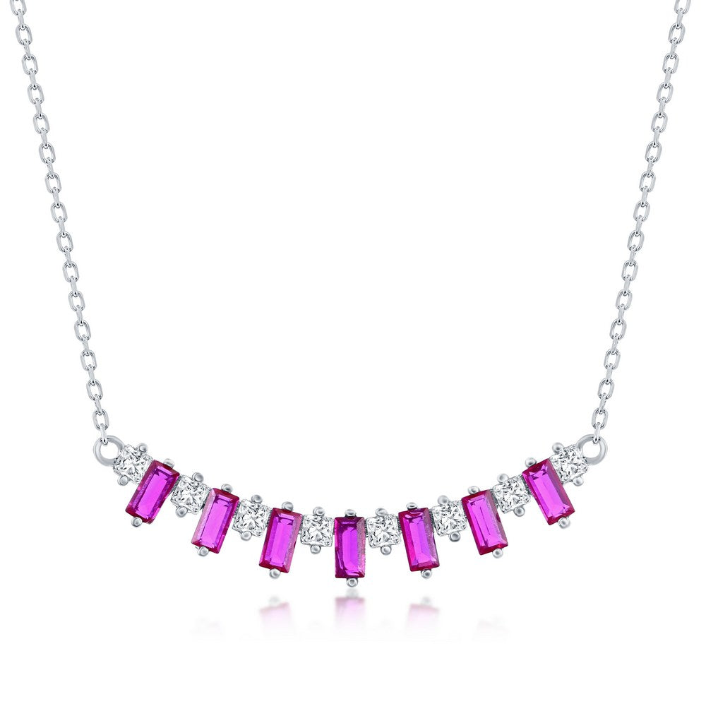 Sterling Silver Baguette CZ Bar Necklace - Pink Topaz CZ