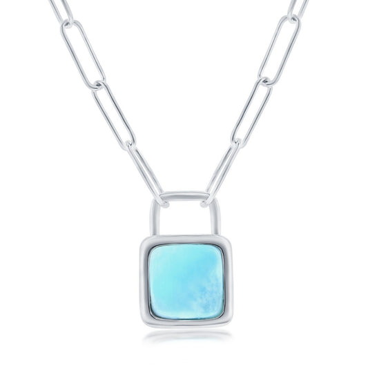 Sterling Silver Larimar Lock Paperclip Necklace