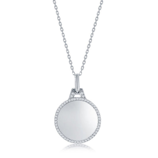 Sterling Silver Polished Circle w/CZ Border Necklace