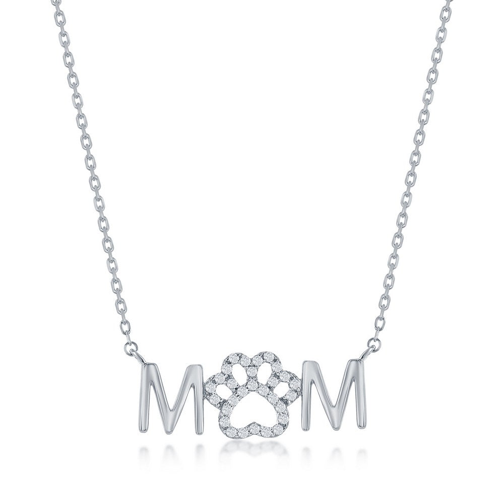 Sterling Silver 'MOM' Paw Print CZ Necklace