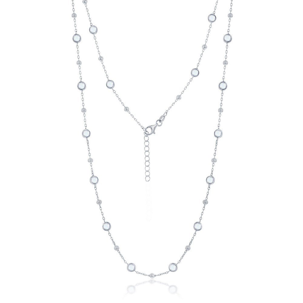 Sterling Silver Bezel-Set CZ & Bead Station Necklace - White