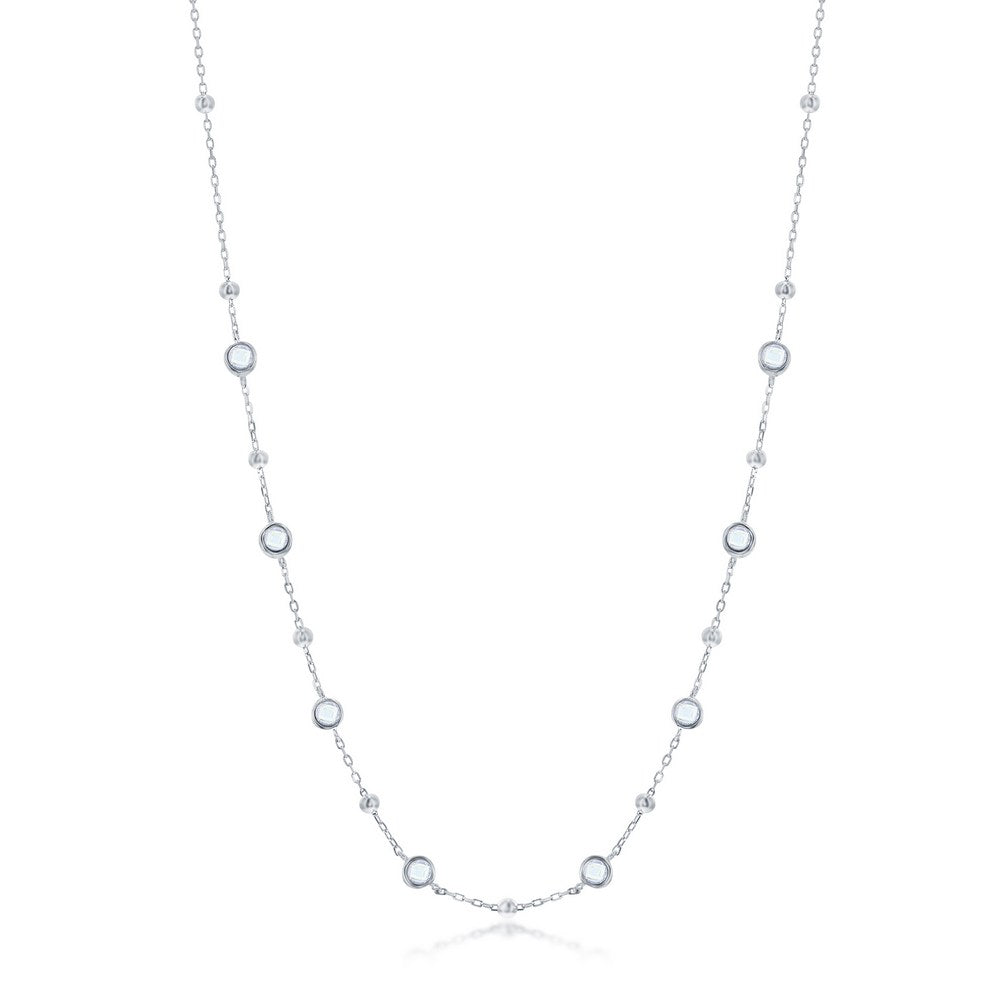 Sterling Silver Bezel-Set CZ & Bead Station Necklace - White