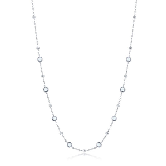 Sterling Silver Bezel-Set CZ & Bead Station Necklace - White