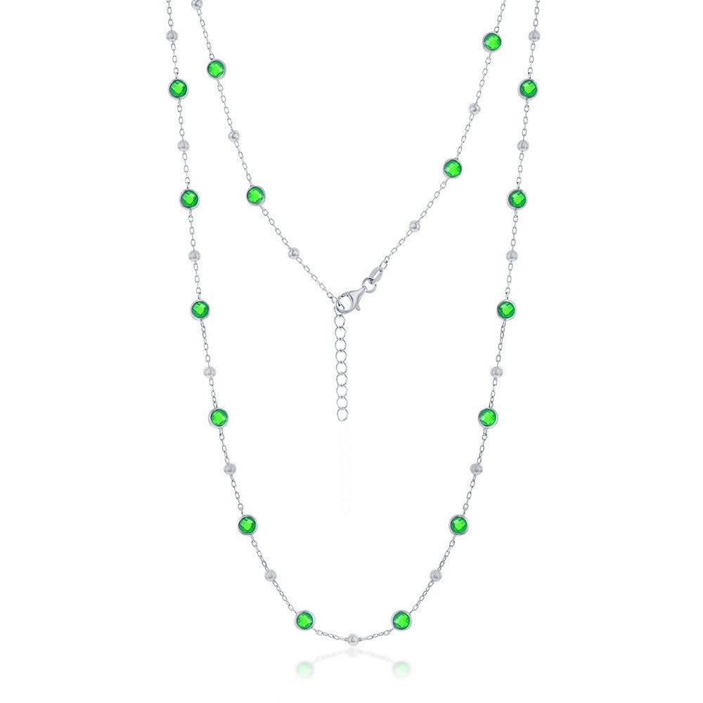 Sterling Silver Bezel-Set CZ & Bead Station Necklace - Emerald