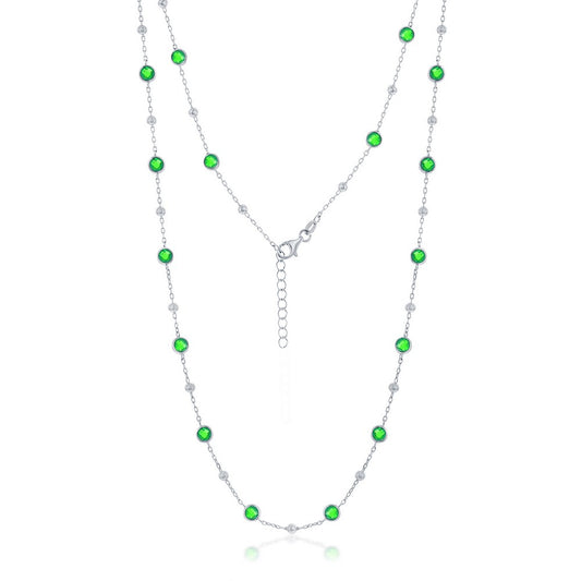 Sterling Silver Bezel-Set CZ & Bead Station Necklace - Emerald