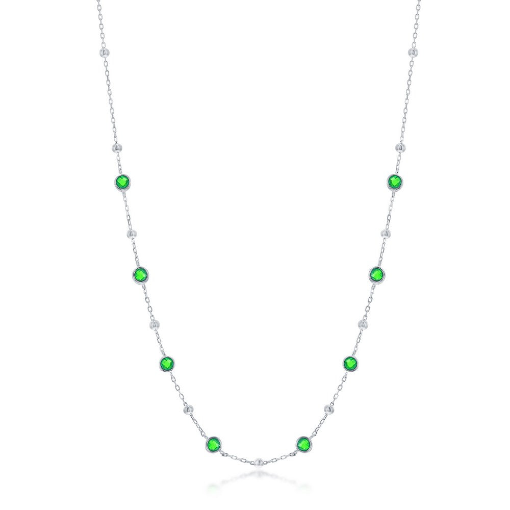 Sterling Silver Bezel-Set CZ & Bead Station Necklace - Emerald