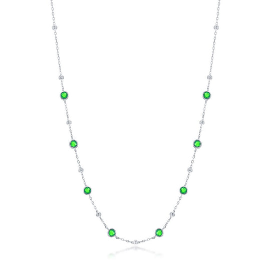 Sterling Silver Bezel-Set CZ & Bead Station Necklace - Emerald