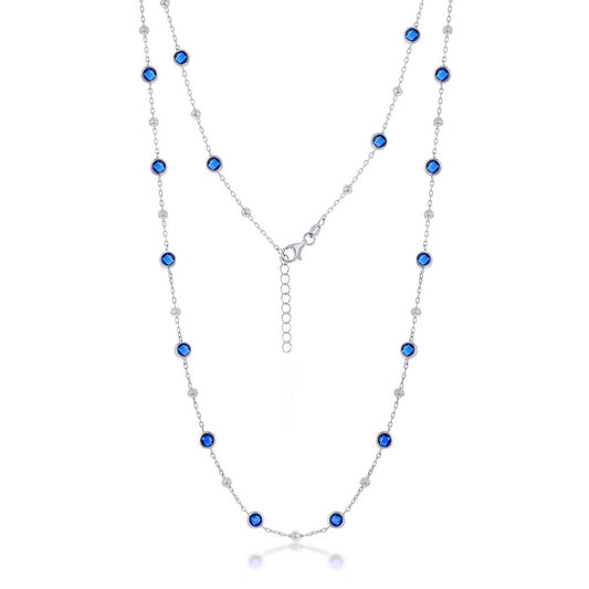 Sterling Silver Bezel-Set CZ & Bead Station Necklace - Sapphire