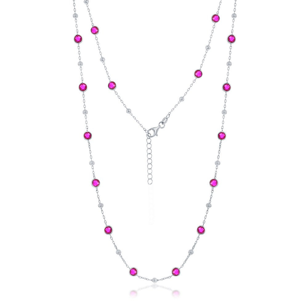 Sterling Silver Bezel-Set CZ & Bead Station Necklace - Ruby