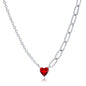 Sterling Silver Heart Ruby CZ, Half Cable & Paperclip Chain Necklace