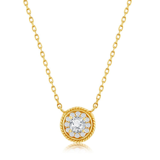 Sterling Silver Round CZ Rope Design Border Necklace - Gold Plated