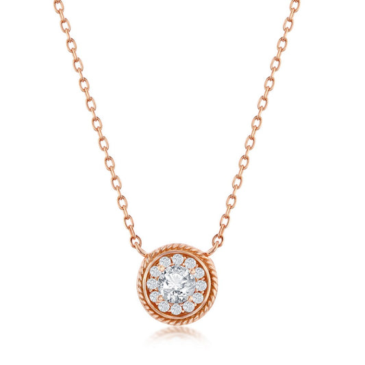 Sterling Silver Round CZ Rope Design Border Necklace - Rose Gold Plated