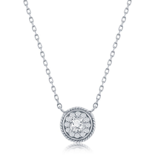 Sterling Silver Round CZ Rope Design Border Necklace