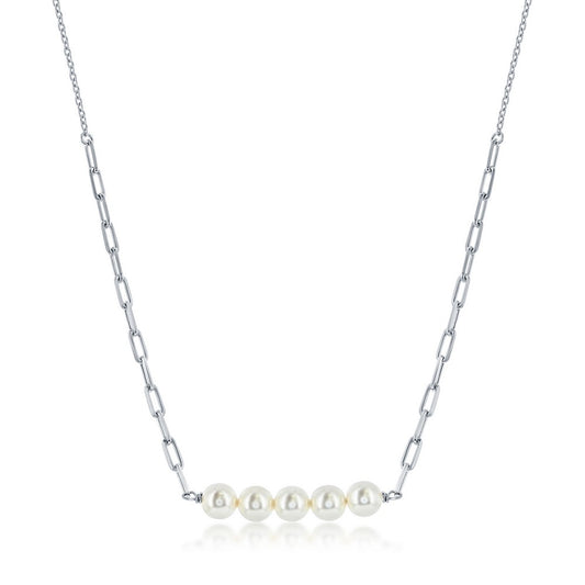 Sterling Silver Round White Simulated Pearl Bar, Paperclip Necklace