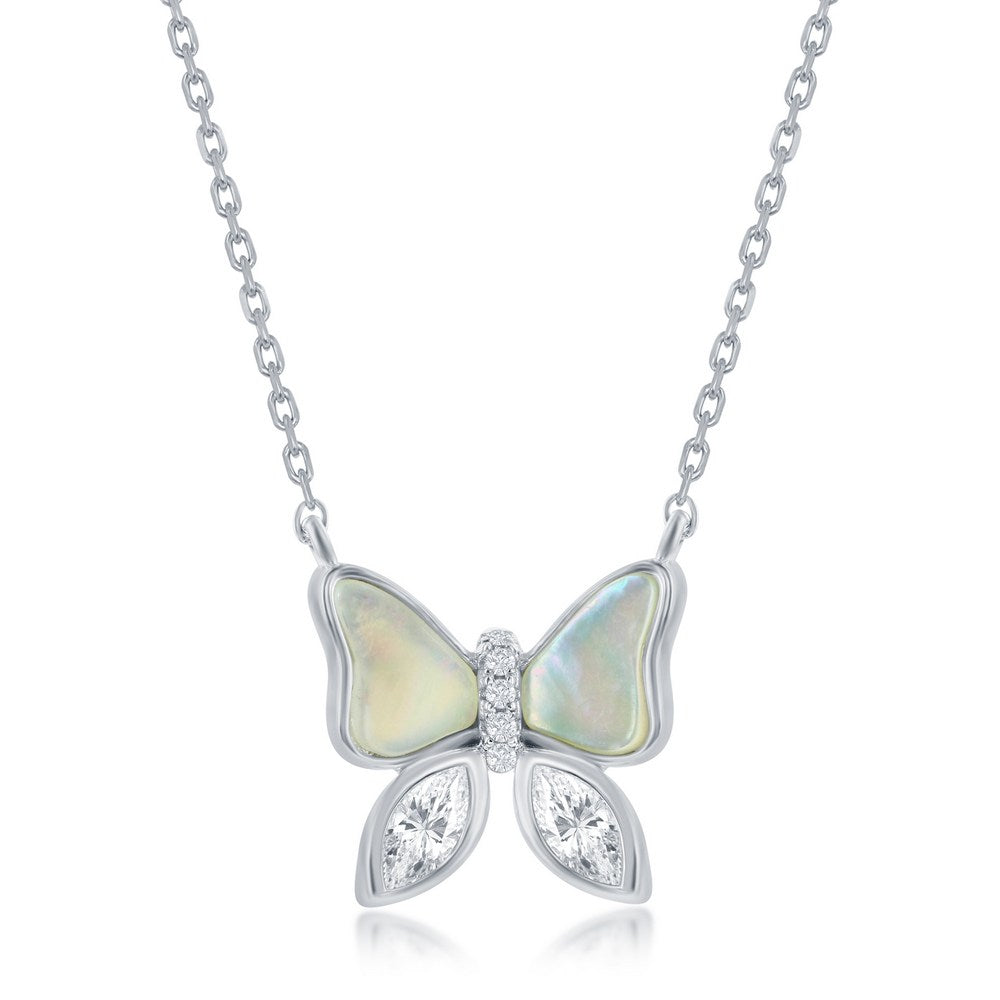 Sterling Silver MOP and CZ Butterfly Necklace