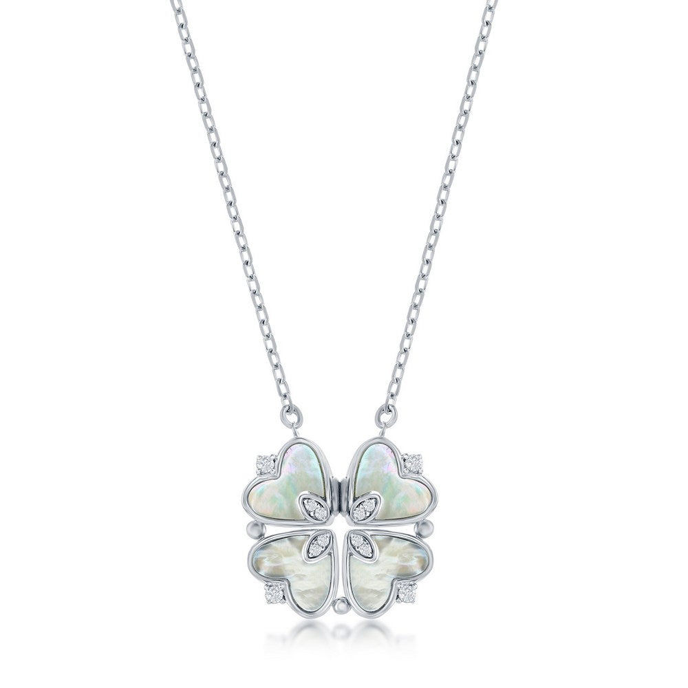 Sterling Silver MOP and CZ Heart Shaped Flower Necklace