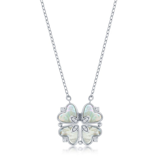 Sterling Silver MOP and CZ Heart Shaped Flower Necklace