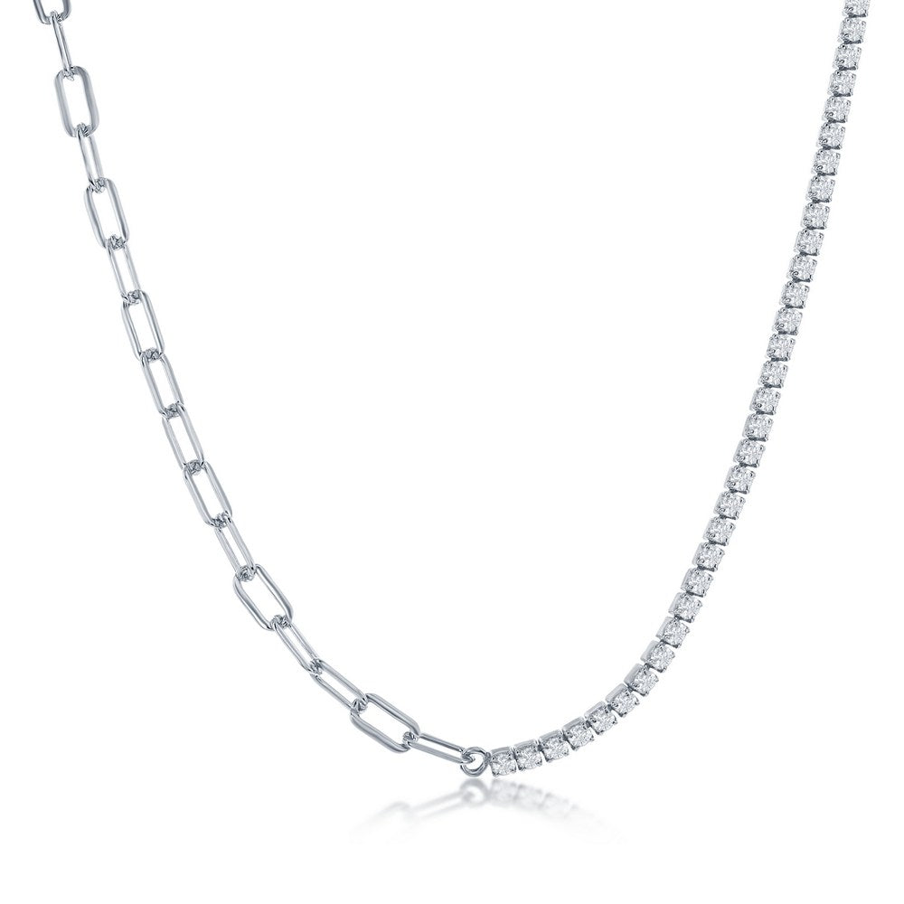 Sterling Silver Half 3mm Paperclip & Half 2mm Tennis Necklace