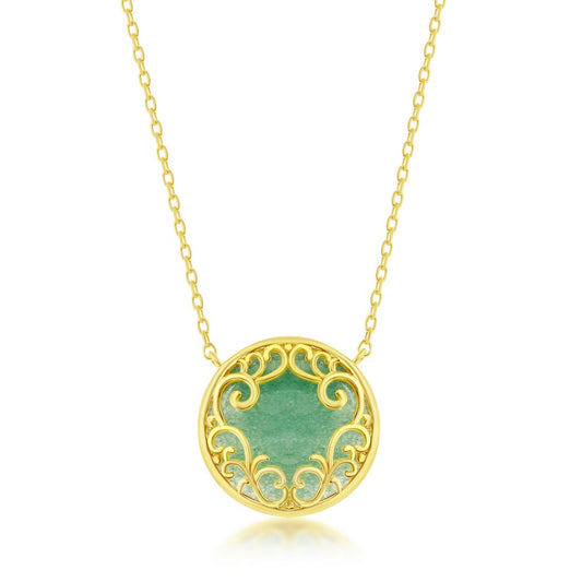 Sterling Silver Round Jade Filigree Design Necklace - Gold Plated