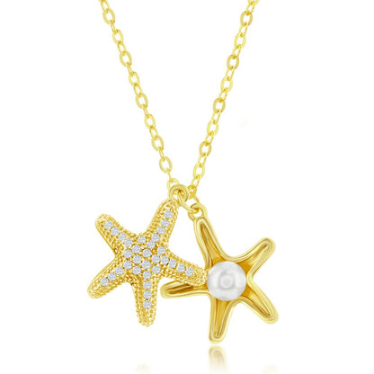 Sterling Silver Double Starfish w/ FWP and CZ Necklace - Gold Plated