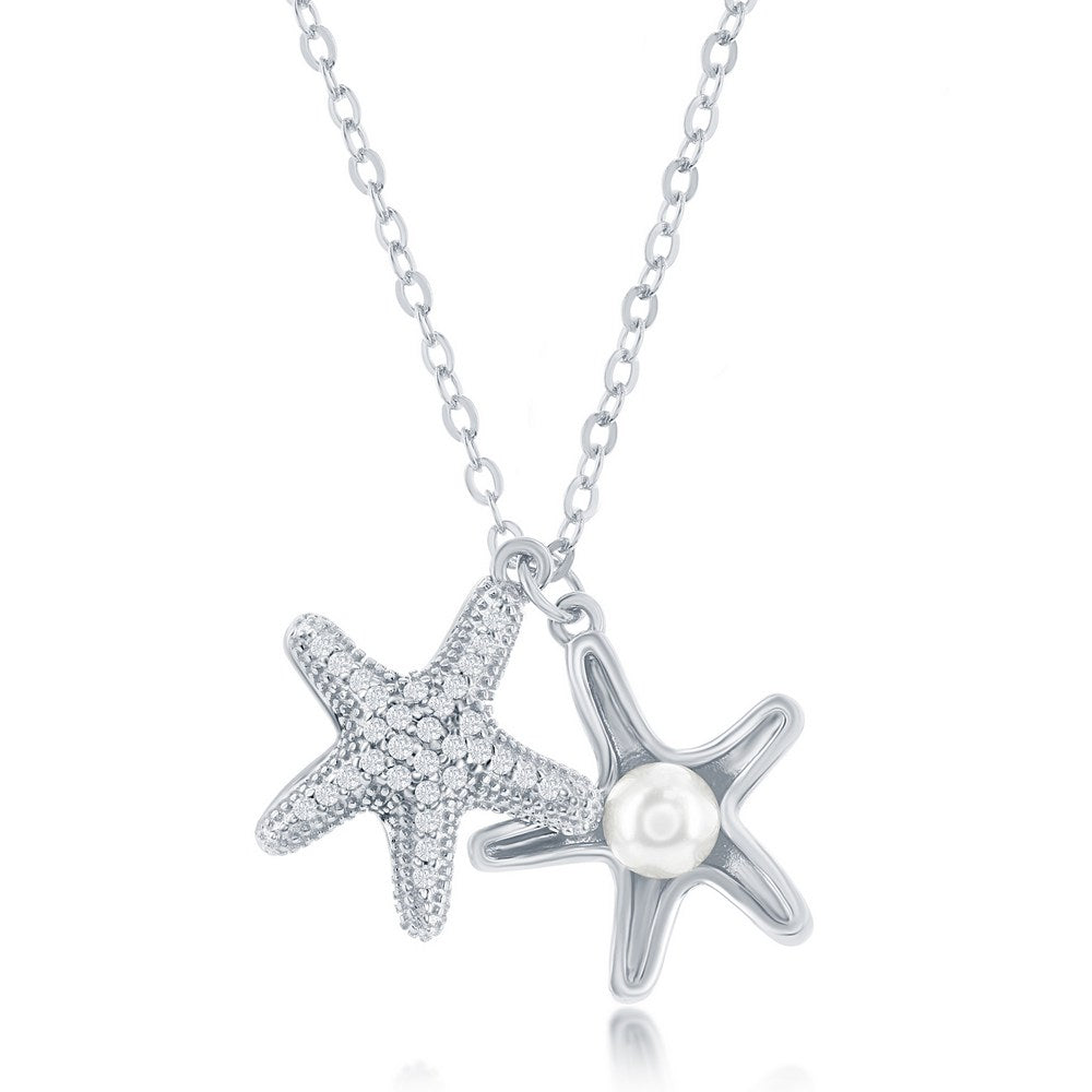 Sterling Silver Double Starfish w/ FWP and CZ Necklace