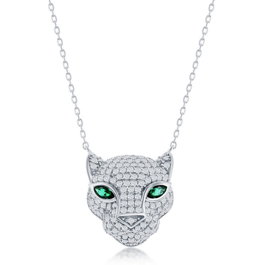 Sterling Silver CZ Panther w/Emerald Eyes Necklace