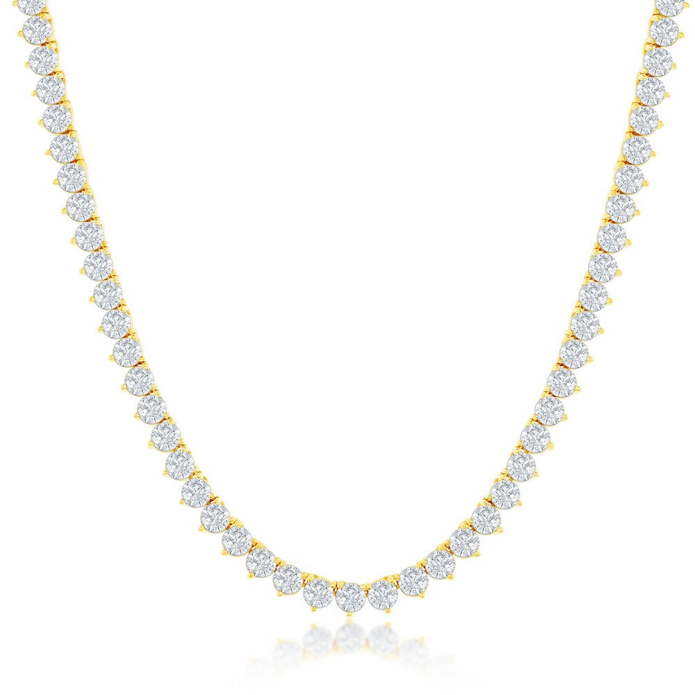 Sterling Silver 3-Prong Round 5MM CZ Tennis Necklace - Gold Plated