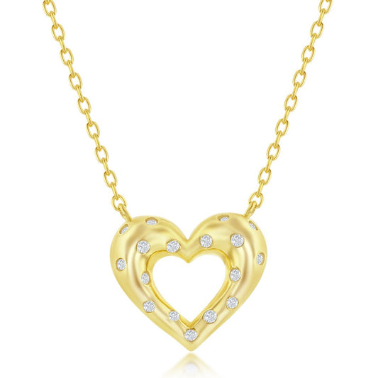 Sterling Silver Flush Set CZ Heart Neckalce - Gold Plated