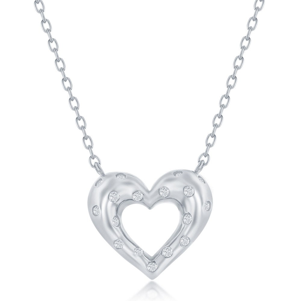 Sterling Silver Flush Set CZ Heart Neckalce