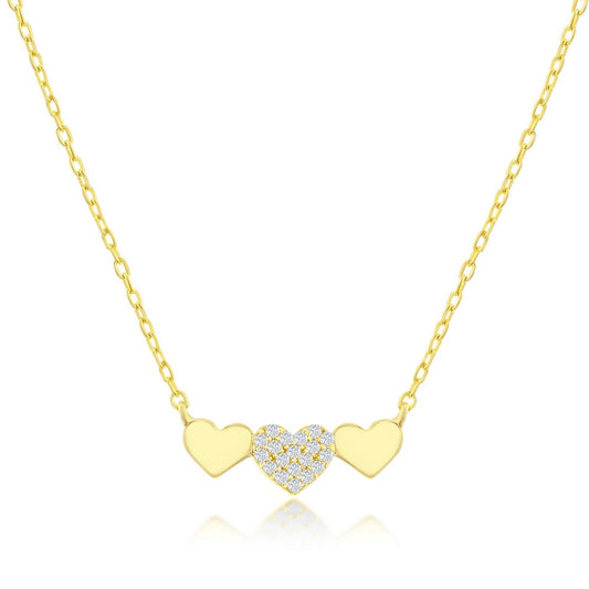 Sterling Silver Triple Heart CZ Bar Necklace - Gold Plated