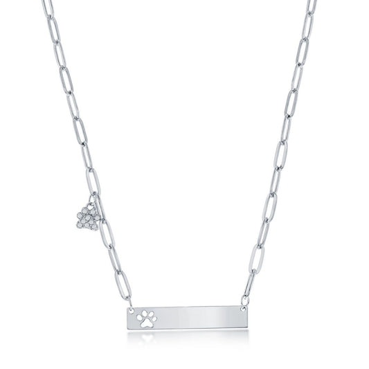 Sterling Silver Bar w/ Paw Print CZ Paperclip Neckace