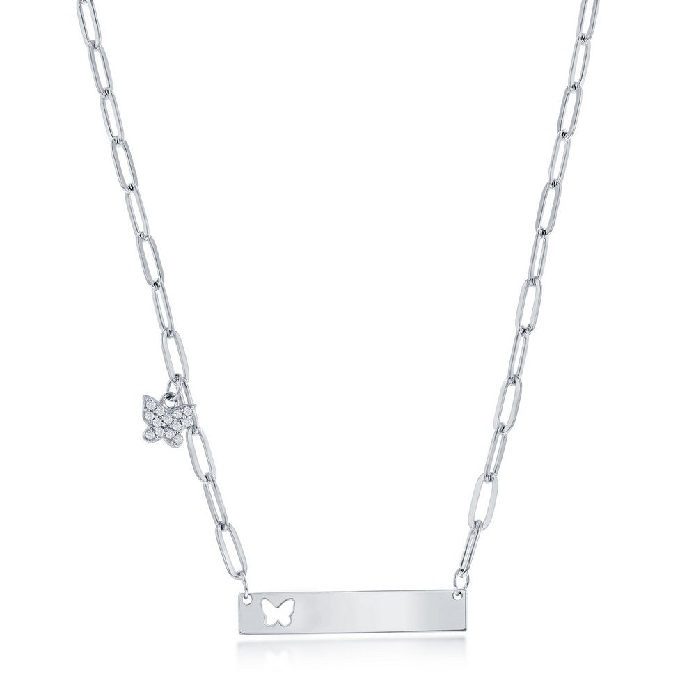 Sterling Silver Bar w/ Butterfly CZ Paperclip Neckace