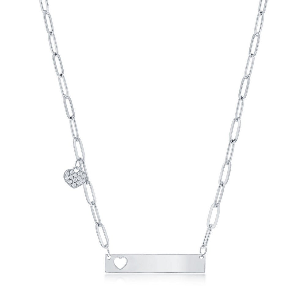 Sterling Silver Bar w/ Heart CZ Paperclip Necklace