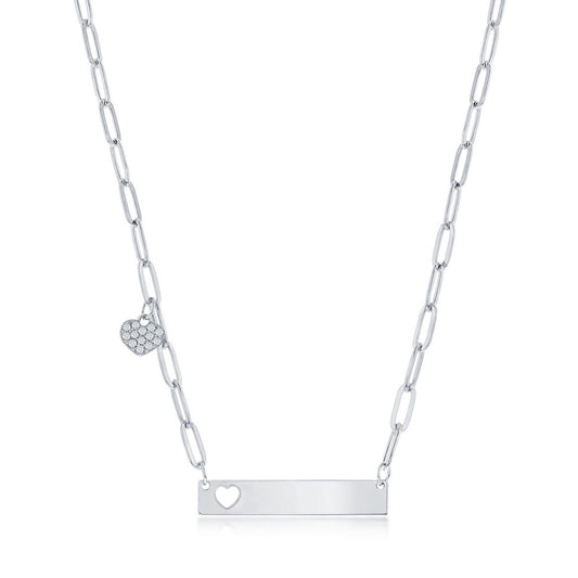 Sterling Silver Bar w/ Heart CZ Paperclip Necklace