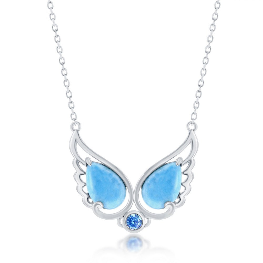 Sterling Silver Double Larimar Angel Wings w/ Round Aqua CZ Necklace