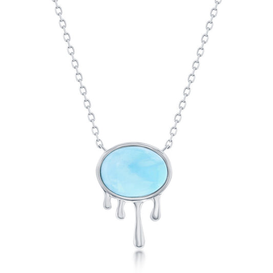 Sterling Silver Oval Larimar, Dripping Design Necklace