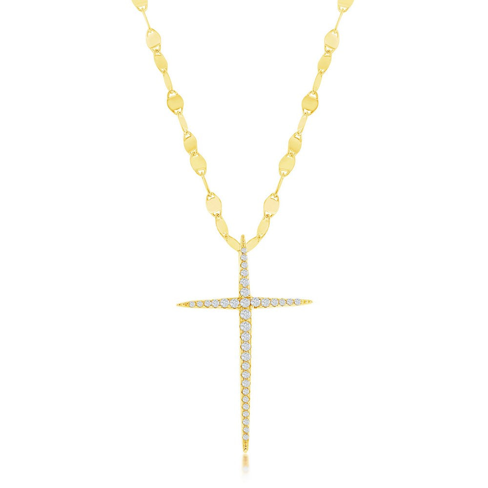 Sterling Silver CZ Cross Mirror Chain Necklace - Gold Plated